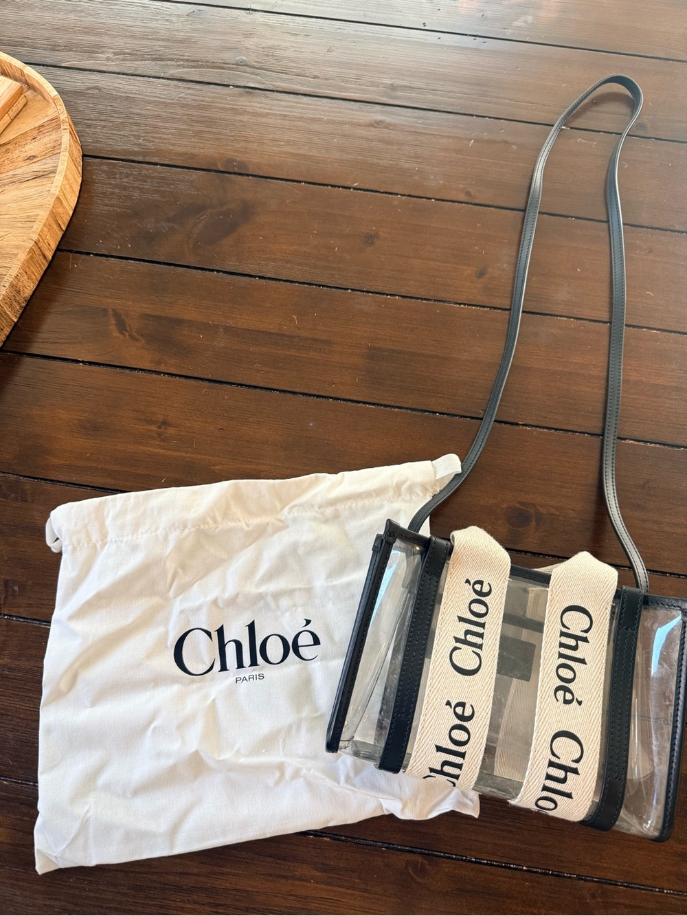 Vinyl Crossbody Bag with Branded Canvas Straps - Black leather Trim